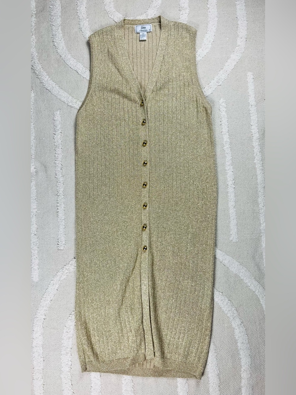 Vintage Gold Metallic Ribbed Knit Midi Dress / Duster Vest – M